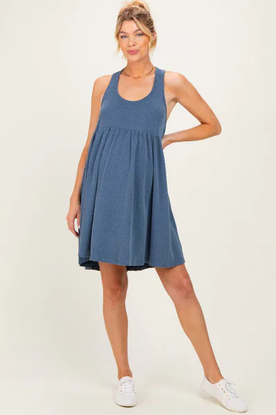 PinkBlush Blue Ribbed Sleeveless Open Back Maternity Midi Dress