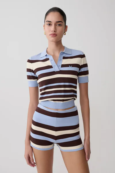 MESHKI Philly Stripe Knit Button Up Top - Chocolate/Blue