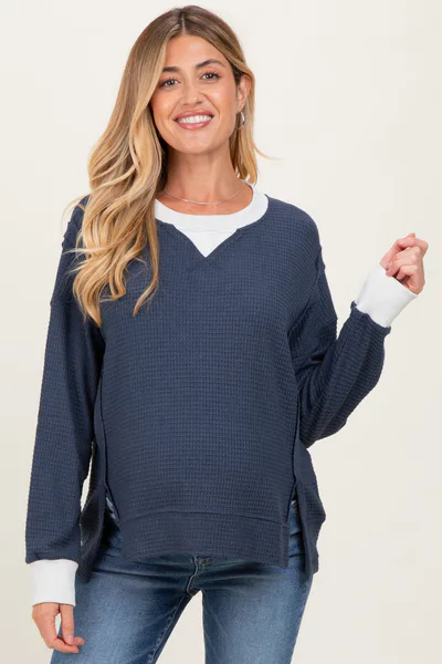 PinkBlush Navy Oversized Contrast Trim Maternity Thermal Pullover