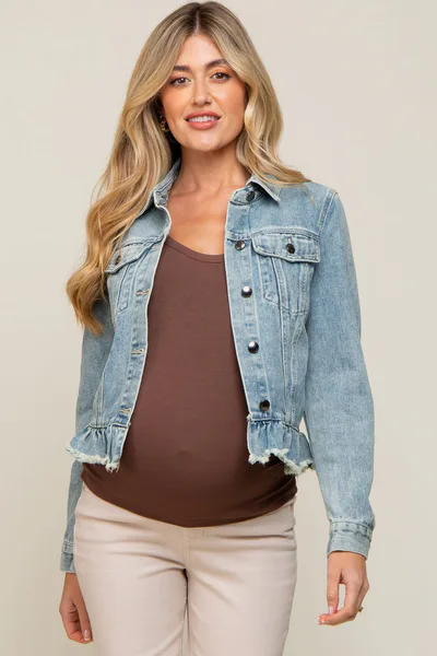 PinkBlush Light Blue Denim Ruffle Trim Maternity Jacket