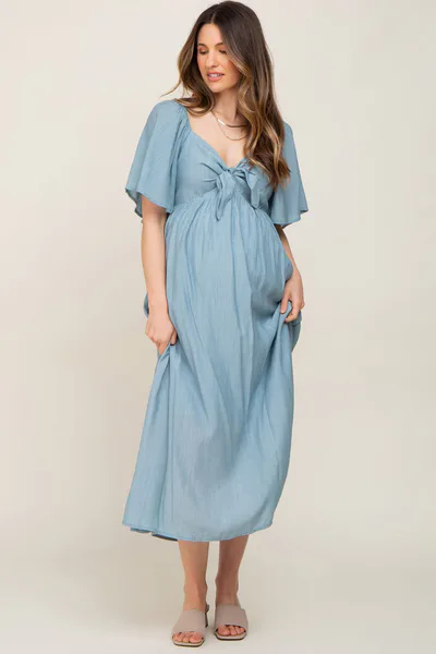 PinkBlush Blue Front Tie Ruffle Sleeve Maternity Midi Dress