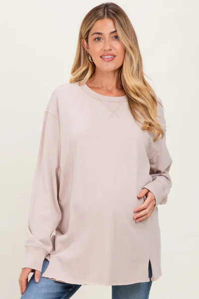 PinkBlush Beige Mineral Washed Drop Shoulder Long Sleeve Maternity Top