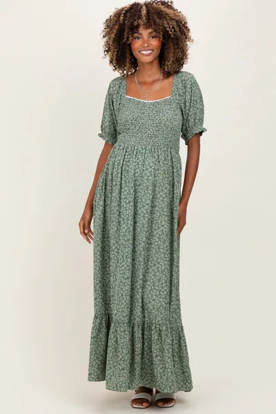 PinkBlush Light Olive Floral Lace Trim Smocked Maternity Maxi Dress