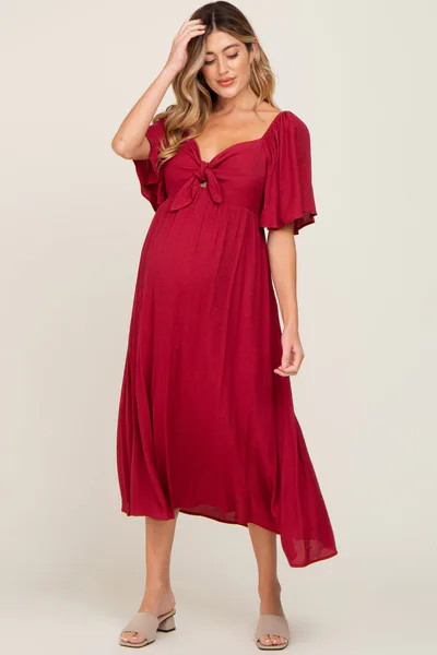 PinkBlush Burgundy Front Tie Ruffle Sleeve Maternity Midi Dress