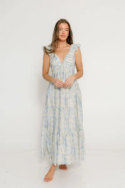 Worth Collective Katy Pleated Bodice Maxi Dress in Blue Floral - Bump Friendly