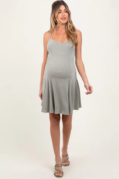PinkBlush Light Olive Solid Ribbed Knitted Adjustable Strap Sleeveless Maternity Mini Dress