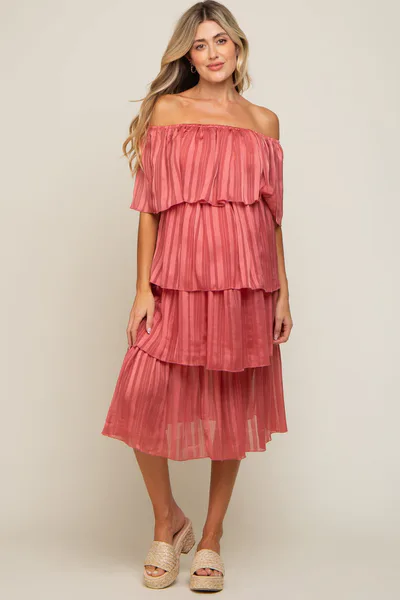 PinkBlush Dark Mauve Striped Layered Maternity Midi Dress