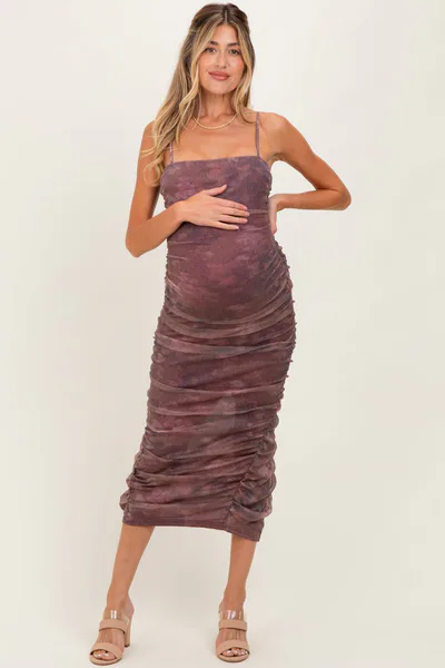 PinkBlush Mauve Printed Metallic Ruched Maternity Midi Dress