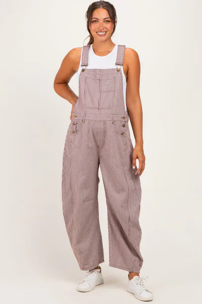 PinkBlush Brown Pinstriped Barrel-Leg Maternity Overalls