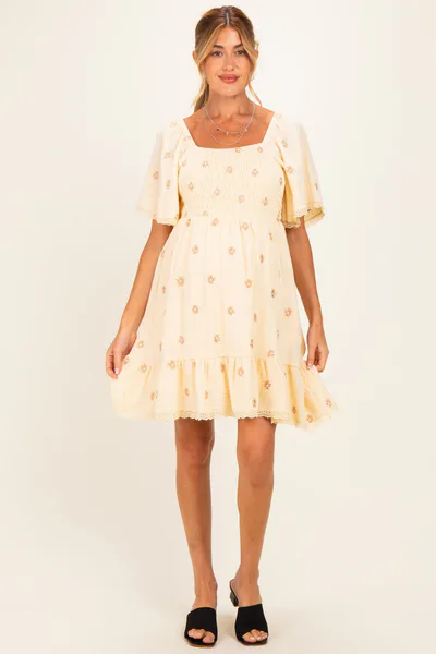 PinkBlush Beige Floral Embroidered Smocked Maternity Dress
