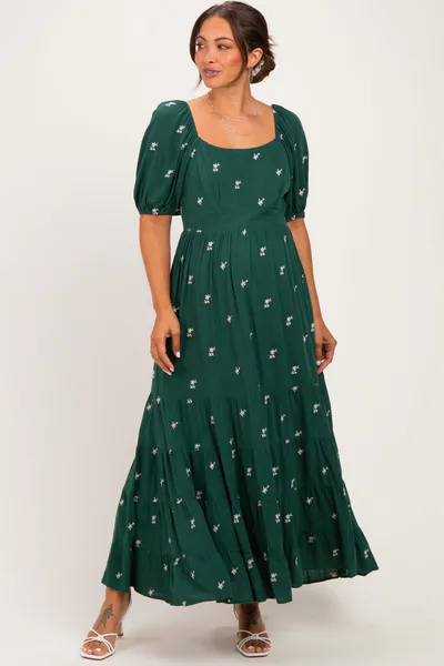 PinkBlush Forest Green Embroidered Tiered Maternity Maxi Dress