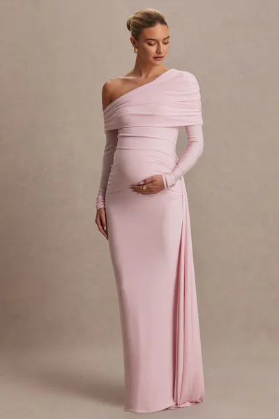 Club L London Amara | Blush Pink Asymmetric-Neck Maternity Maxi Dress With Sash Detail