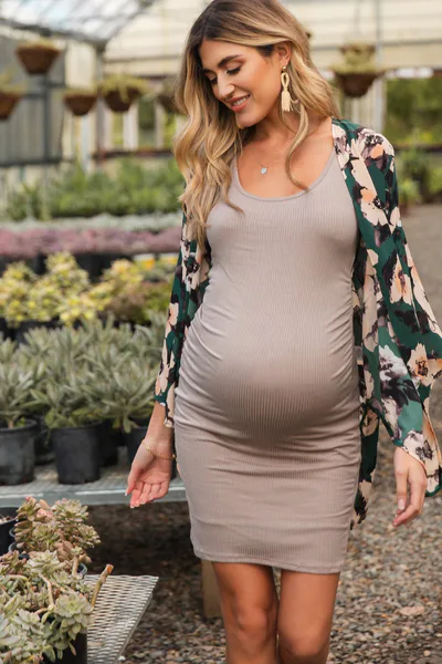 PinkBlush PinkBlush Mocha Ribbed Ruched Sleeveless Maternity Dress