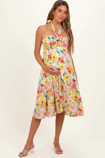 PinkBlush Ivory Floral Keyhole Halter Maternity Midi Dress