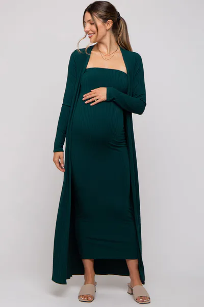 PinkBlush Forest Green Ribbed Sleeveless Dress Cardigan Maternity Set