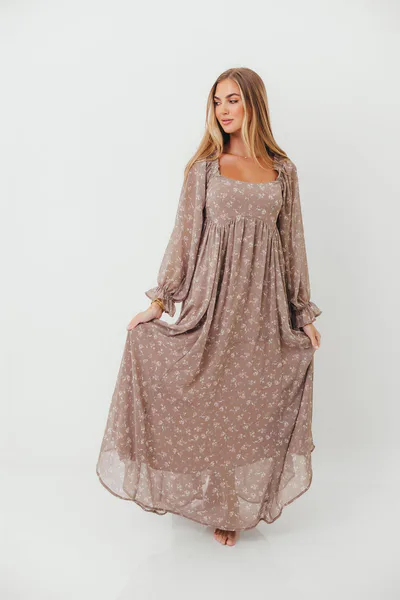 Worth Collective Amy Floral Long Sleeve Maxi Dress in Mocha Multi - Bump Friendly