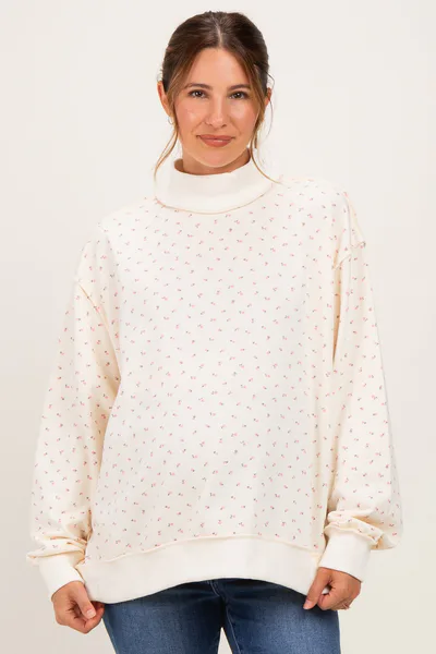 PinkBlush Cream Floral Mock Neck Drop Shoulder Maternity Pullover
