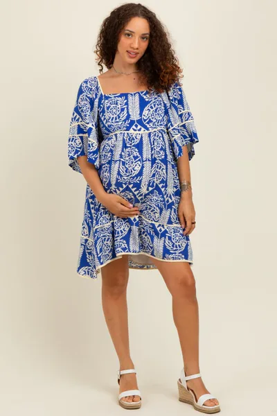 PinkBlush Royal Blue Printed Tie Back Contrast Trim Maternity Dress
