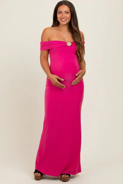 PinkBlush Fuchsia Off Shoulder Seashell Pendant Maternity Maxi Dress