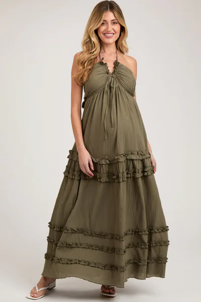 PinkBlush Olive Ruffle Ruched Deep V-Neck Maternity Maxi Dress