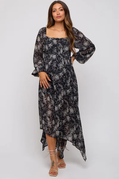 PinkBlush Charcoal Floral Chiffon Square Neck Button Front Maternity Midi Dress