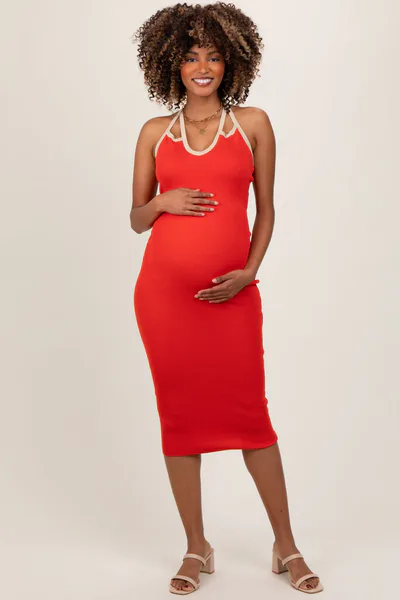 PinkBlush Red Contrast Trim Keyhole Cutout Maternity Midi Dress