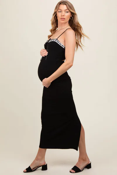 PinkBlush Black Lace Trim Back Twist Maternity Dress