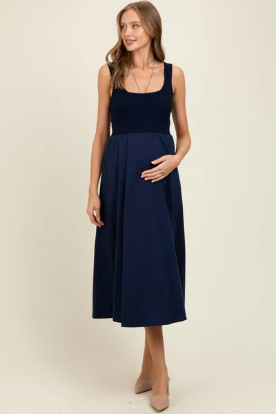 PinkBlush Navy Contrast Knit Poplin Sleeveless Maternity Midi Dress