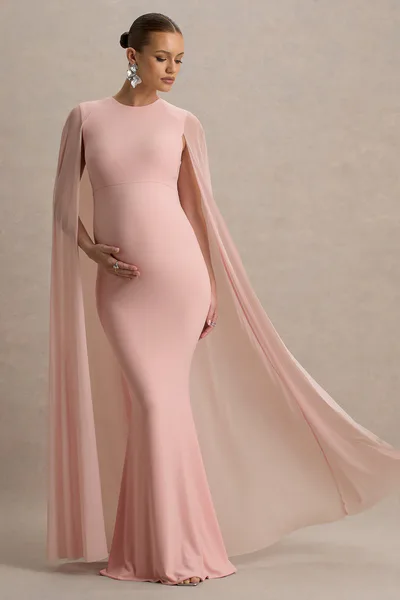 Club L London Currant | Pink Crew-Neck Maternity Maxi Dress With Cape