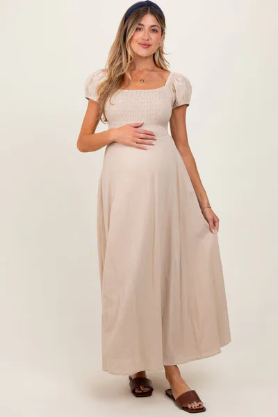 PinkBlush Beige Square Neck Smocked Top Criss Cross Back Tie Maternity Maxi Dress