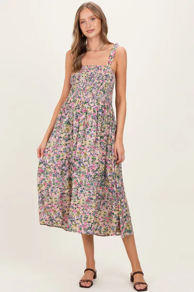 PinkBlush Pink Floral Smocked Shoulder Tie Maternity Midi Dress
