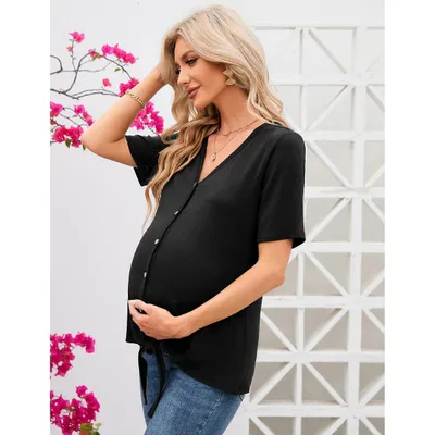 Target Women's V-Neck Button-Front Maternity Top Short Sleeve Knotted Hem Pregnancy Blouse Black L