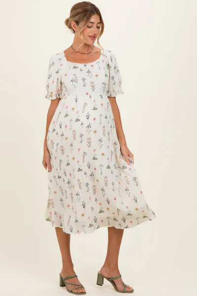 PinkBlush Ivory Floral Sweetheart Neckline Maternity Midi Dress