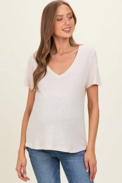 PinkBlush Natural Linen Blend V-Neck Short Sleeve Maternity T-Shirt