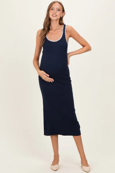 PinkBlush Navy Contrast Stitch Detail Ribbed Maternity Sweater Dress