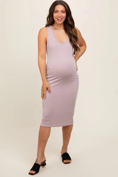PinkBlush Mauve Ribbed Sleeveless Fitted Maternity Dress