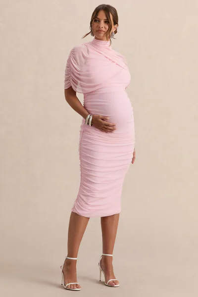 Club L London Aderyn | Light Pink High-Neck Maternity Midi Dress With Sheer Cape Sleeves