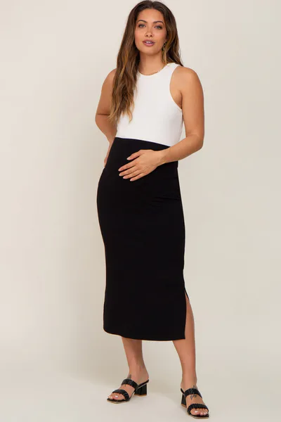 PinkBlush Black Side Slit Maternity Midi Skirt