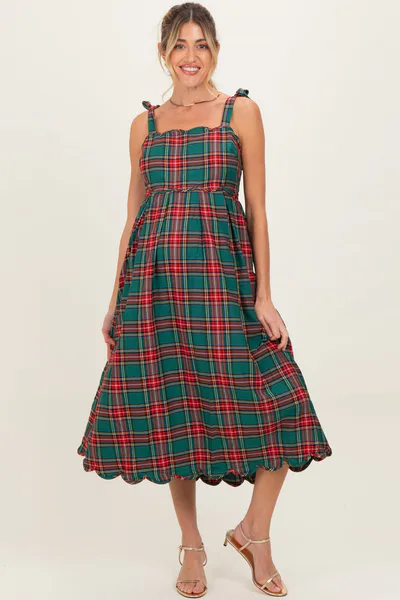 PinkBlush Green Plaid Shoulder Tie Scallop Hem Maternity Midi Dress