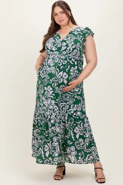 PinkBlush Cream-Green Floral Button Down Plus Maternity Maxi Dress