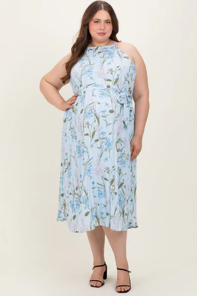 PinkBlush Light Blue Floral Pleated Sleeveless Maternity Plus Midi Dress
