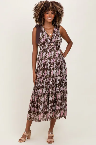 PinkBlush Brown Floral V-Neck Shoulder Tie Maternity Midi Dress