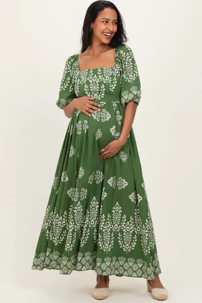 PinkBlush Green Damask Print Short Sleeve Maternity Maxi Dress