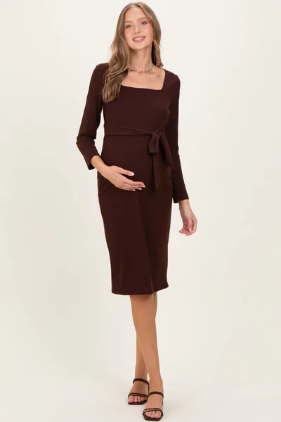PinkBlush Brown Ribbed Long Sleeve Square Neck Tie Belt Maternity Midi Dress