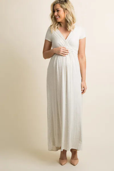 PinkBlush PinkBlush Petite Beige Draped Maternity/Nursing Maxi Dress