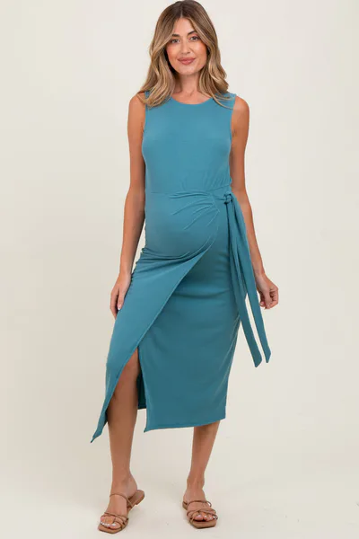 PinkBlush Teal Sleeveless Wrap Tie Waist Maternity Midi Dress
