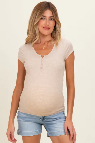 PinkBlush Oatmeal Short Sleeve Maternity Henley Top