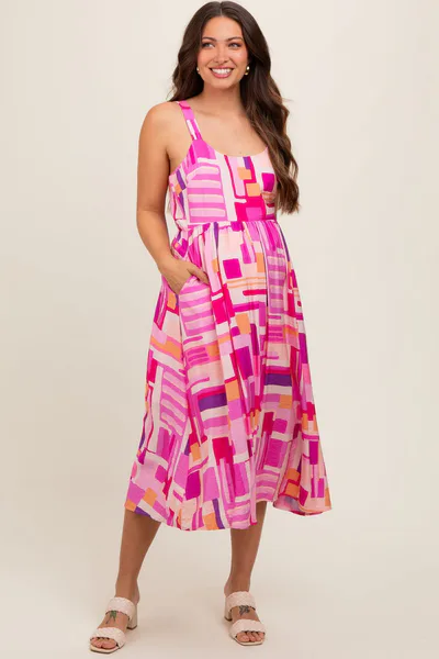 PinkBlush Fuchsia Geo Printed Cut Out Back Detail Maternity Midi Dress