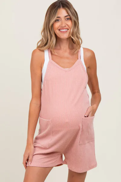 PinkBlush Mauve Solid Ribbed V-Neck Sleeveless Front Pocket Maternity Romper