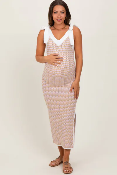 PinkBlush Lavender Chevron Knit Shoulder Tie Maternity Midi Dress
